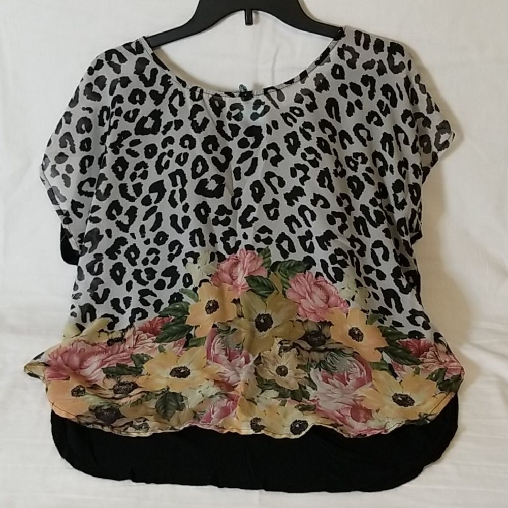 H.I.P. Sheer Leopard and Floral‎ Print Blouse